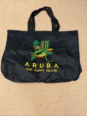 Black Aruba Embroidered Tote with Colorful Iguana